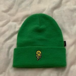 Urban Outfitters Green Beanie with Yellow Drip Smiley Patch